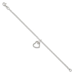 Sterling Silver Polished and Twisted Heart Dangle 7.5 Inch Cable Chain Bracelet QG6961-7.5