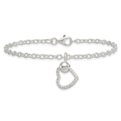 Sterling Silver Polished and Twisted Heart Dangle 7.5 Inch Cable Chain Bracelet QG6961-7.5