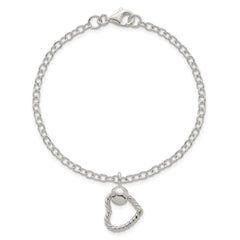 Sterling Silver Polished and Twisted Heart Dangle 7.5 Inch Cable Chain Bracelet QG6961-7.5