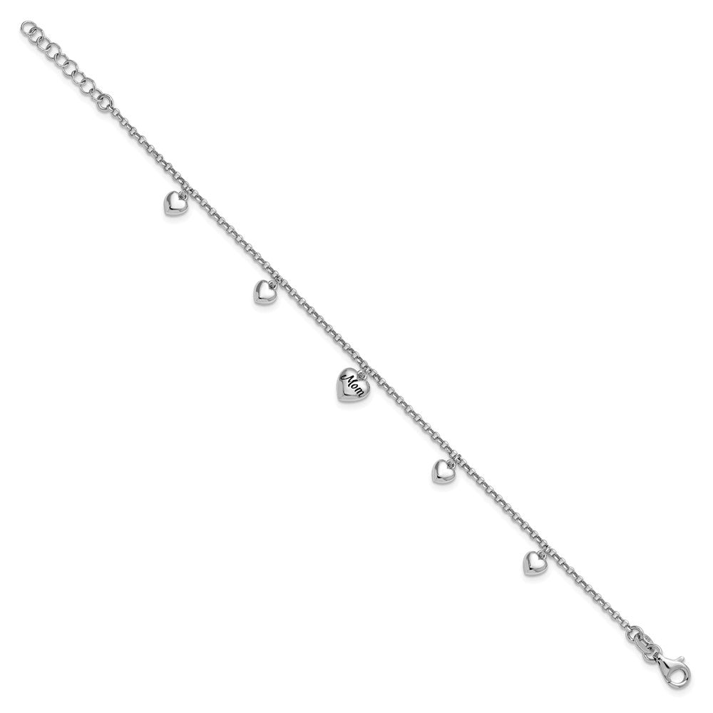Sterling Silver Rhodium-plated Black Enameled MOM Puffed Heart with Heart Charms 6.5 inch with 0.75 inch extension Bracelet QG6962-6.5