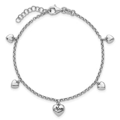 Sterling Silver Rhodium-plated Black Enameled MOM Puffed Heart with Heart Charms 6.5 inch with 0.75 inch extension Bracelet QG6962-6.5