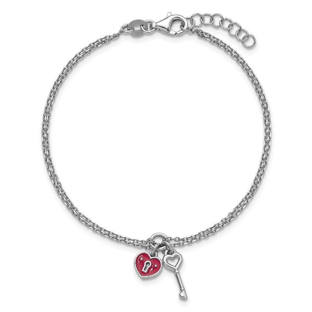 Sterling Silver Rhodium-plated Two-strand Red Enameled Heart Lock and Key 6.75 inch with 0.75 inch extension Bracelet QG6964-6.75