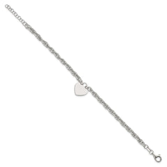 Sterling Silver Polished Fancy Engravable Heart Disc on Rope Chain 7 Inch with 1 Inch Extension Bracelet QG6967-7