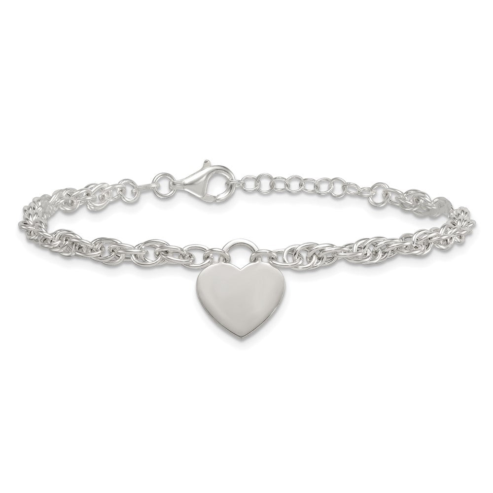 Sterling Silver Polished Fancy Engravable Heart Disc on Rope Chain 7 Inch with 1 Inch Extension Bracelet QG6967-7