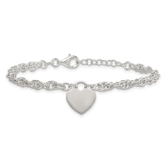 Sterling Silver Polished Fancy Engravable Heart Disc on Rope Chain 7 Inch with 1 Inch Extension Bracelet QG6967-7