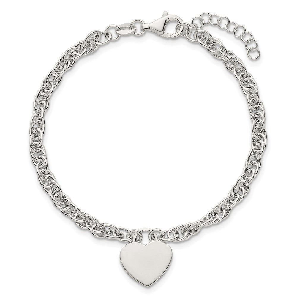 Sterling Silver Polished Fancy Engravable Heart Disc on Rope Chain 7 Inch with 1 Inch Extension Bracelet QG6967-7