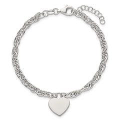 Sterling Silver Polished Fancy Engravable Heart Disc on Rope Chain 7 Inch with 1 Inch Extension Bracelet QG6967-7