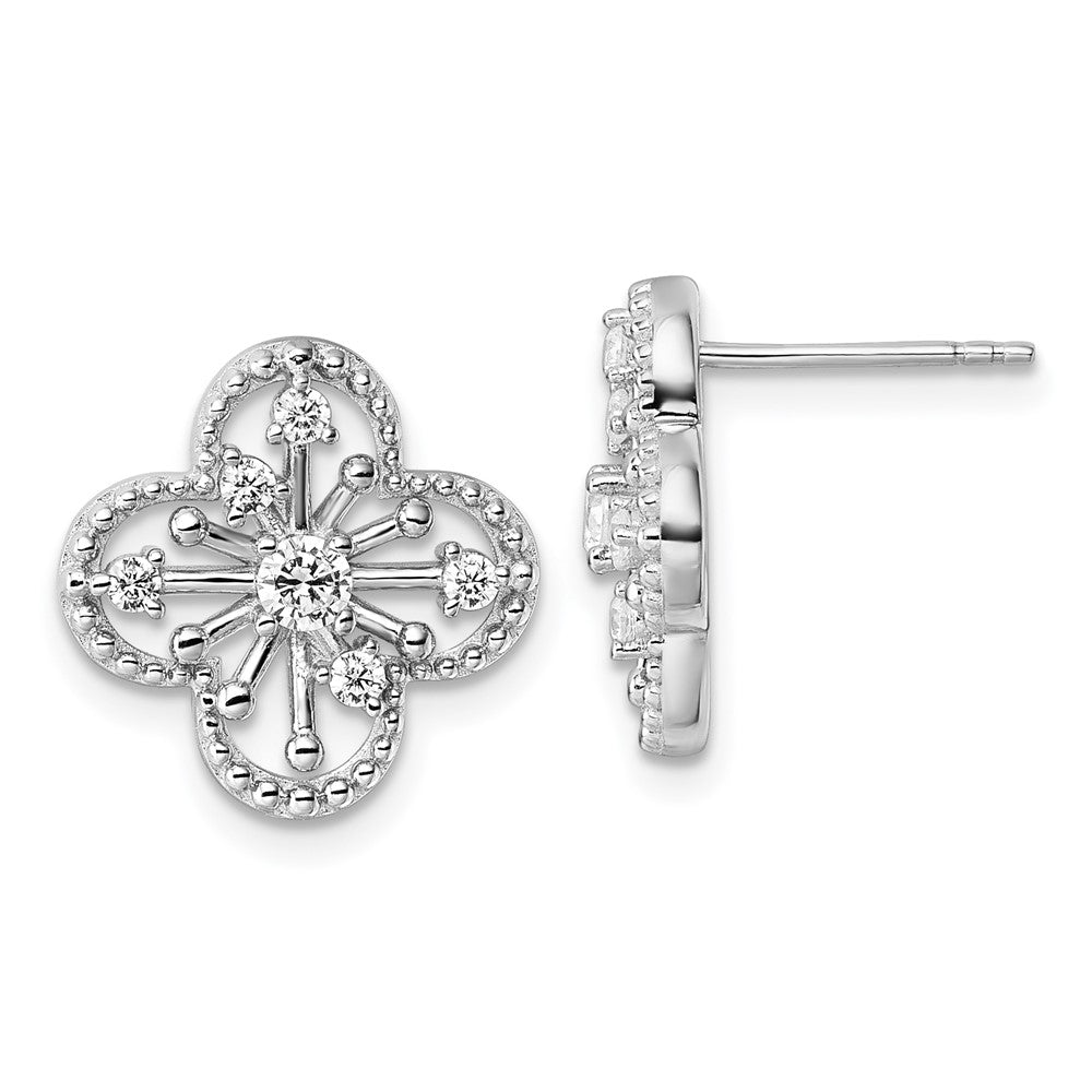 QG6968E Sterling Silver Rhodium-plated CZ Textured Clover Shape Post Earrings