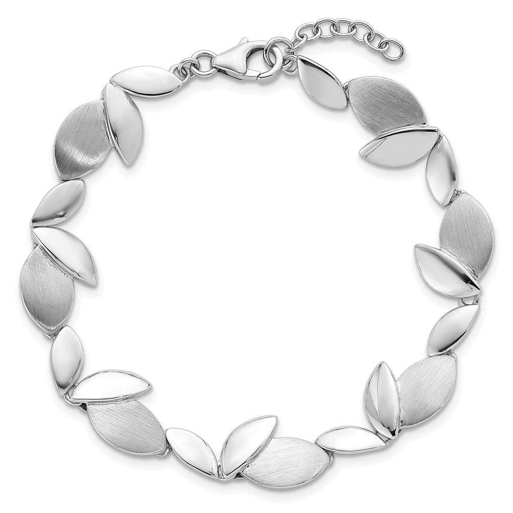 Sterling Silver Rhodium-plated Brushed and Polished Fancy Leaves 7.5 inch with 0.75 inch Extension Bracelet QG6969-7.5