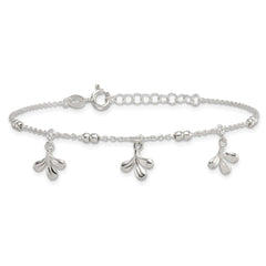 Sterling Silver Polished and Beaded with Three Leaf Dangles 7 inch with 1 inch Extension Bracelet QG6970-7