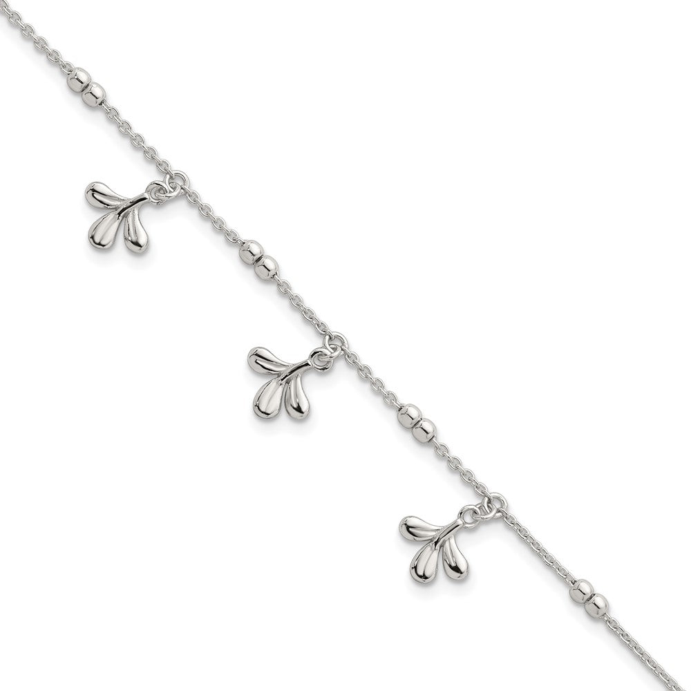 Sterling Silver Polished and Beaded with Three Leaf Dangles 7 inch with 1 inch Extension Bracelet QG6970-7