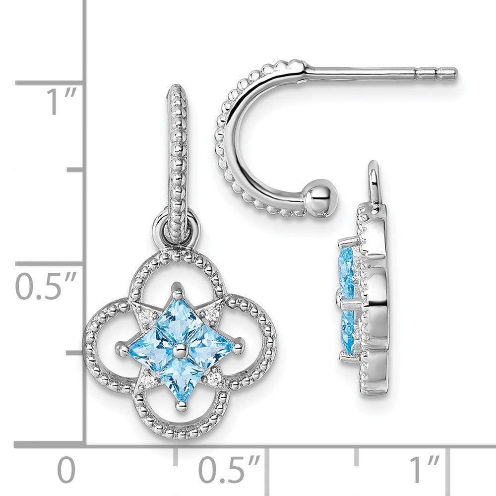 QG6972E Sterling Silver Rhodium-plated Blue CZ Textured Removeable Clover J-Hoop Post Dangle Earrings