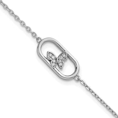 Sterling Silver Rhodium-plated CZ Oval with Butterfly 7 inch with 1 inch Extension Bracelet QG6973-7