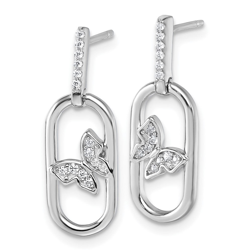 QG6973E Sterling Silver Rhodium-plated CZ Oval Dangle With Butterfly Post Earrings