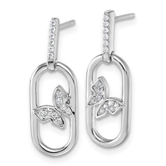 QG6973E Sterling Silver Rhodium-plated CZ Oval Dangle With Butterfly Post Earrings