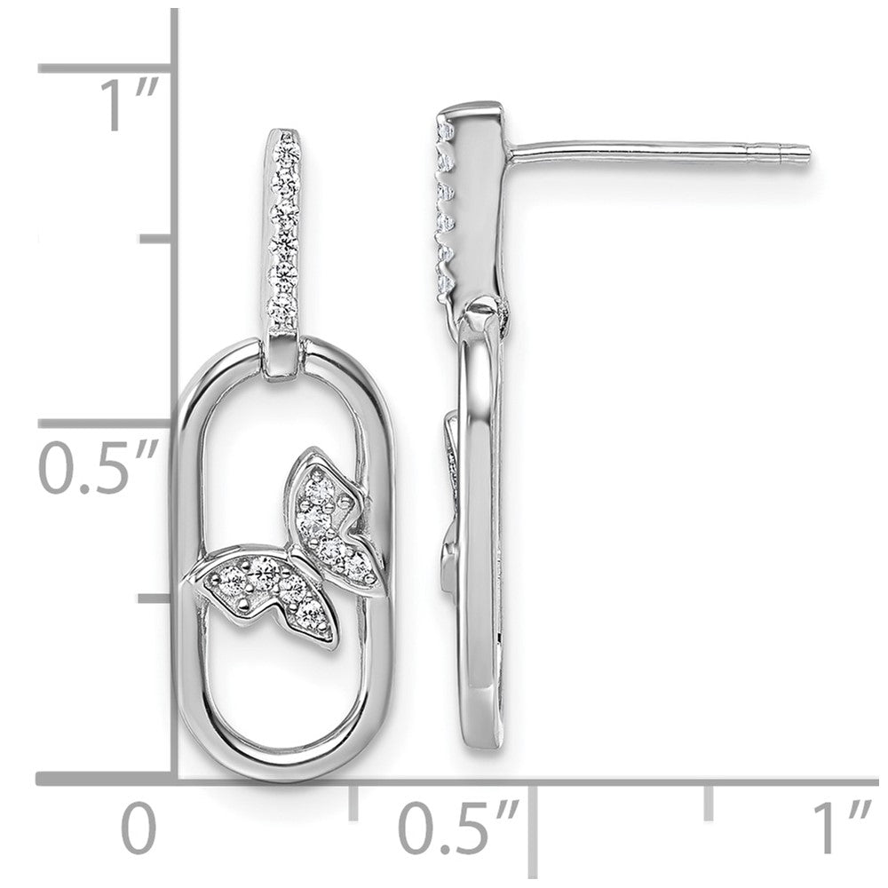 QG6973E Sterling Silver Rhodium-plated CZ Oval Dangle With Butterfly Post Earrings