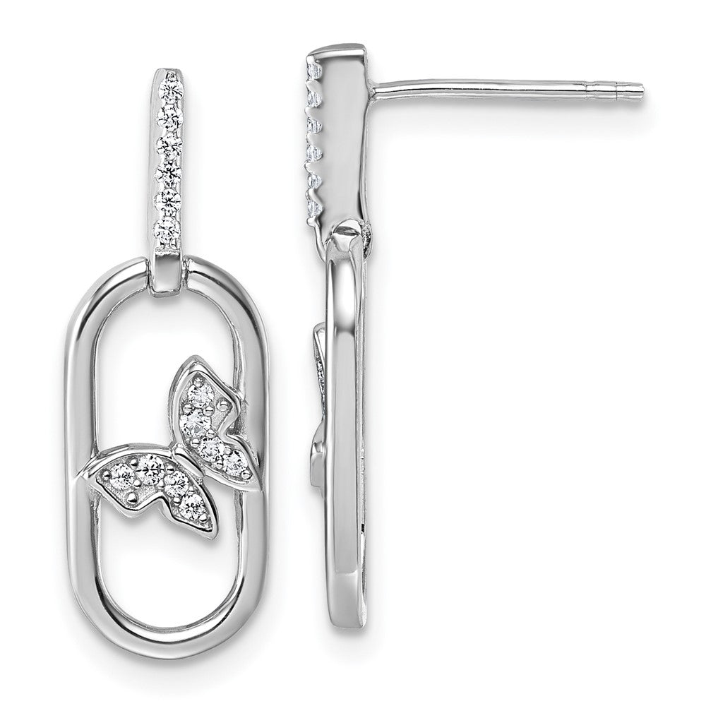 QG6973E Sterling Silver Rhodium-plated CZ Oval Dangle With Butterfly Post Earrings