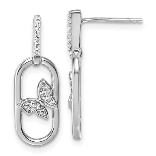 QG6973E Sterling Silver Rhodium-plated CZ Oval Dangle With Butterfly Post Earrings