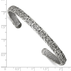 Sterling Silver Antiqued Floral 6.5mm Cuff Bangle Bracelet QG6975B
