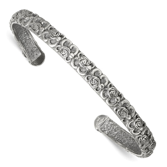 Sterling Silver Antiqued Floral 6.5mm Cuff Bangle Bracelet QG6975B
