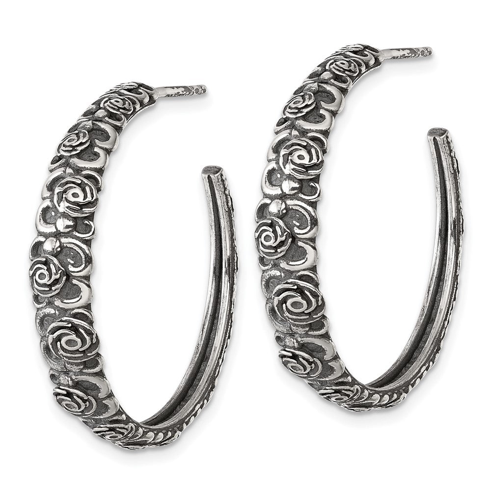 QG6975E Sterling Silver Antiqued Graduated Floral 5.75 x 32mm C-Hoop Post Earrings