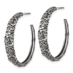 QG6975E Sterling Silver Antiqued Graduated Floral 5.75 x 32mm C-Hoop Post Earrings