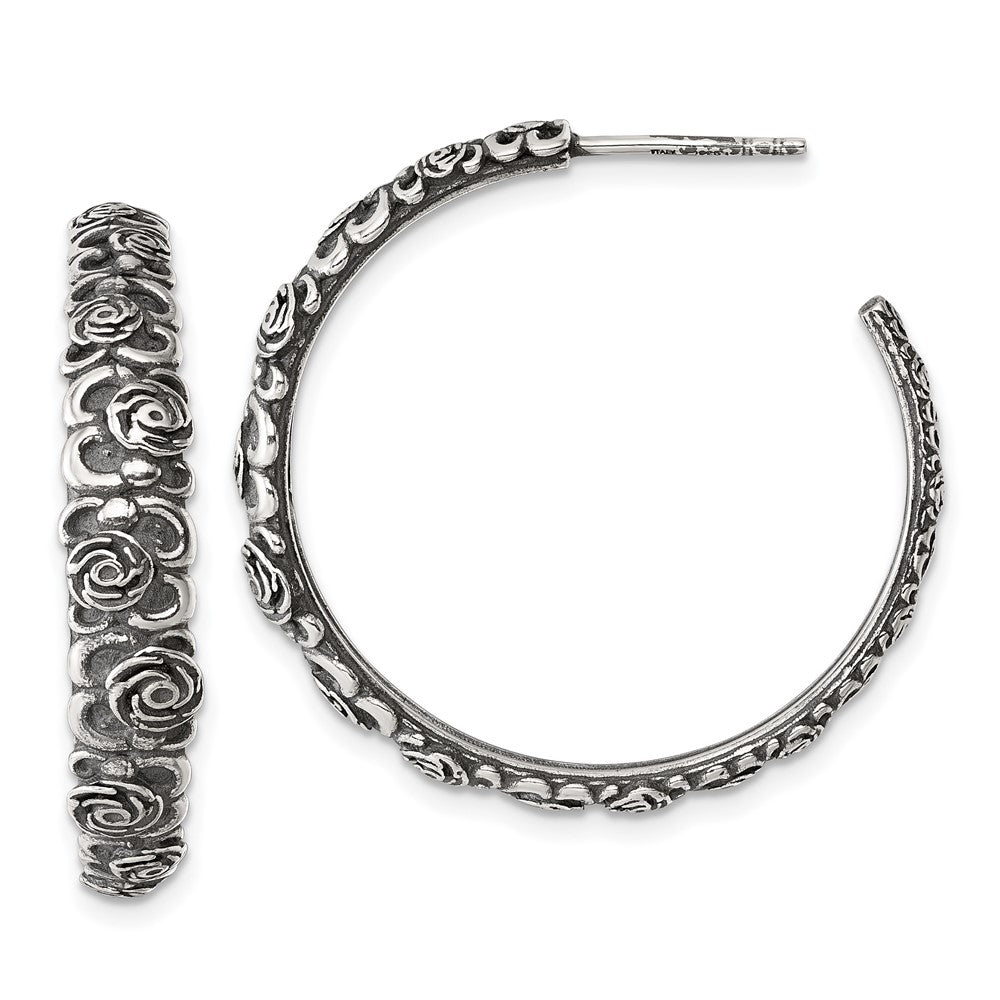 QG6975E Sterling Silver Antiqued Graduated Floral 5.75 x 32mm C-Hoop Post Earrings