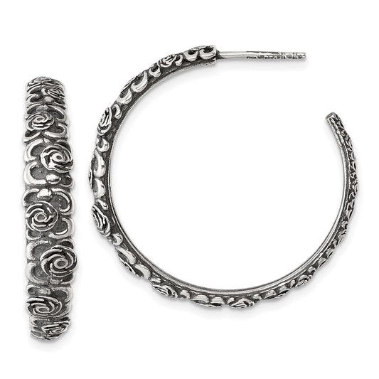 QG6975E Sterling Silver Antiqued Graduated Floral 5.75 x 32mm C-Hoop Post Earrings