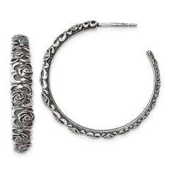 QG6975E Sterling Silver Antiqued Graduated Floral 5.75 x 32mm C-Hoop Post Earrings