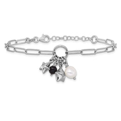 Sterling Silver Rhodium-plated Stars and White Freshwater Cultured Pearl and Black Acrylic Bead 6.75 inch with 1 inch Extender Paperclip Bracelet QG6977-6.75