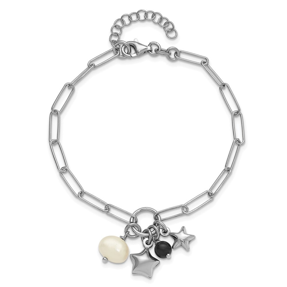 Sterling Silver Rhodium-plated Stars and White Freshwater Cultured Pearl and Black Acrylic Bead 6.75 inch with 1 inch Extender Paperclip Bracelet QG6977-6.75