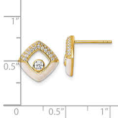 QG6978EGP Sterling Silver Gold-tone CZ and Champagne Enamel Polished Square Post Earrings