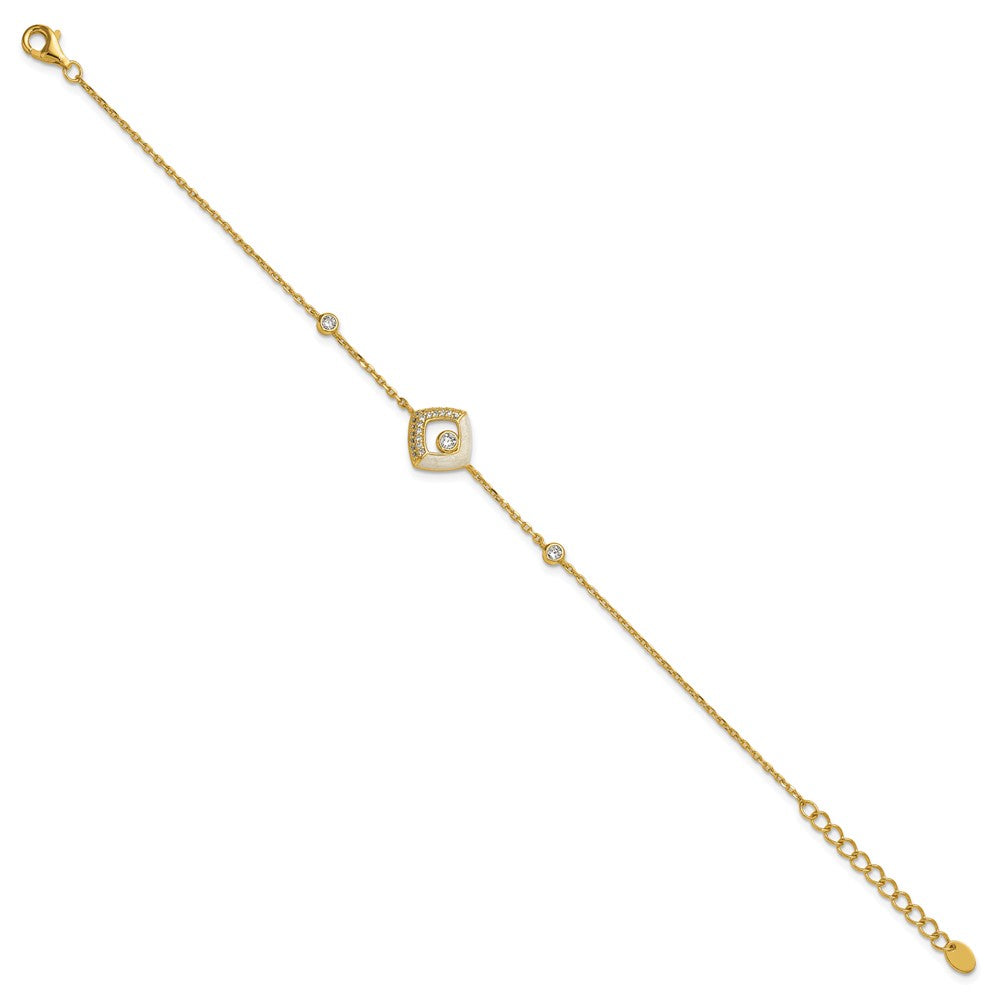Sterling Silver Gold-tone CZ and Champagne Enamel Square 7 inch with 0.5 inch Extension Bracelet QG6978GP-7