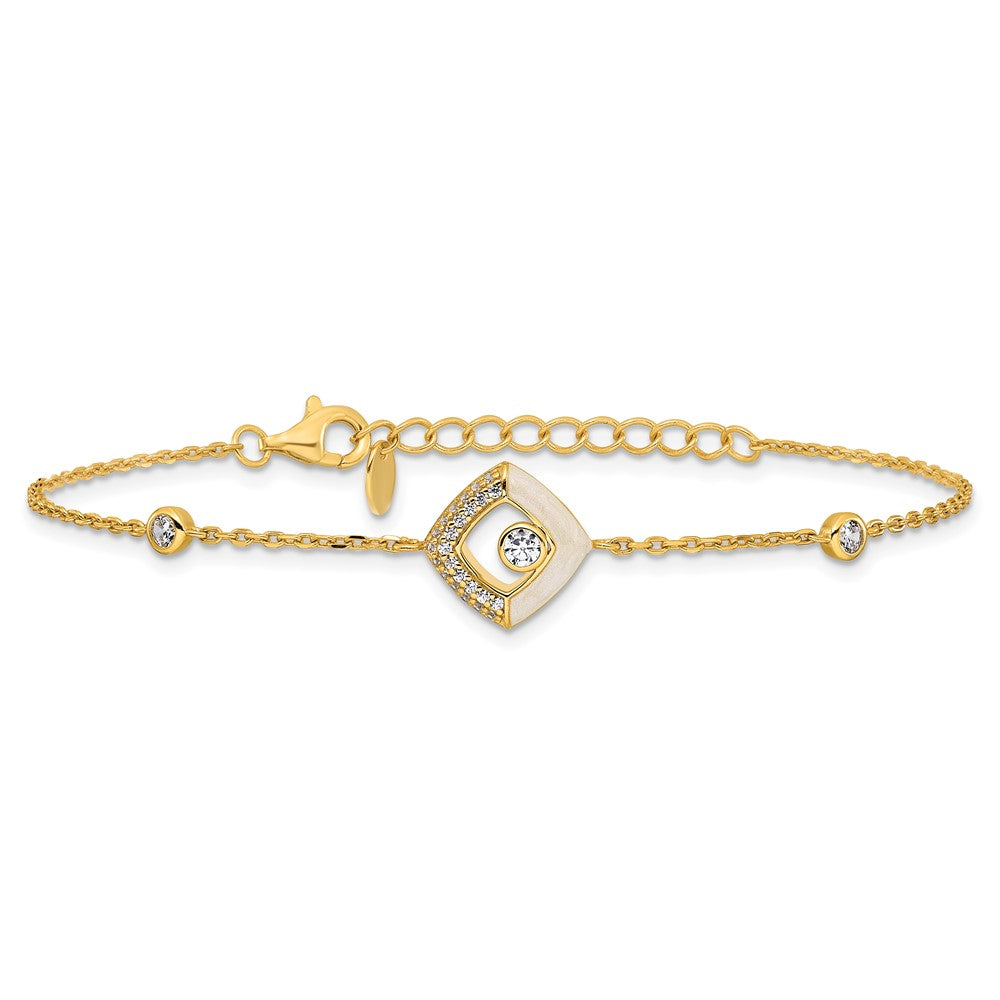 Sterling Silver Gold-tone CZ and Champagne Enamel Square 7 inch with 0.5 inch Extension Bracelet QG6978GP-7