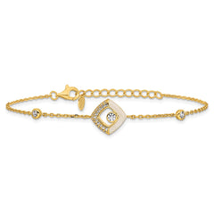 Sterling Silver Gold-tone CZ and Champagne Enamel Square 7 inch with 0.5 inch Extension Bracelet QG6978GP-7
