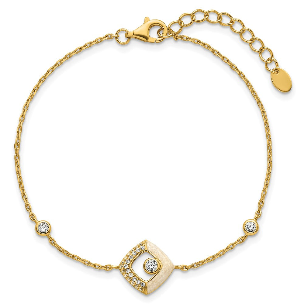 Sterling Silver Gold-tone CZ and Champagne Enamel Square 7 inch with 0.5 inch Extension Bracelet QG6978GP-7