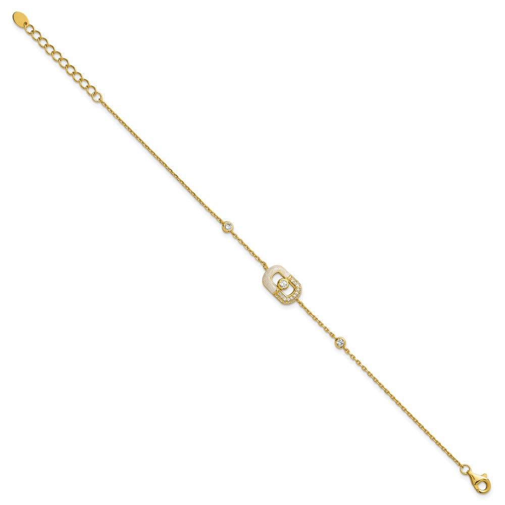 Sterling Silver Gold-tone CZ and Champagne Enamel Rectangle 7 inch with 0.5 inch Extension Bracelet QG6979GP-7