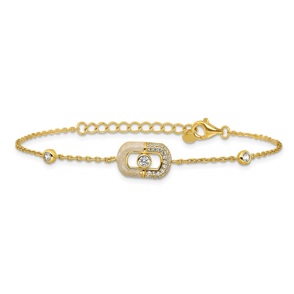 Sterling Silver Gold-tone CZ and Champagne Enamel Rectangle 7 inch with 0.5 inch Extension Bracelet QG6979GP-7
