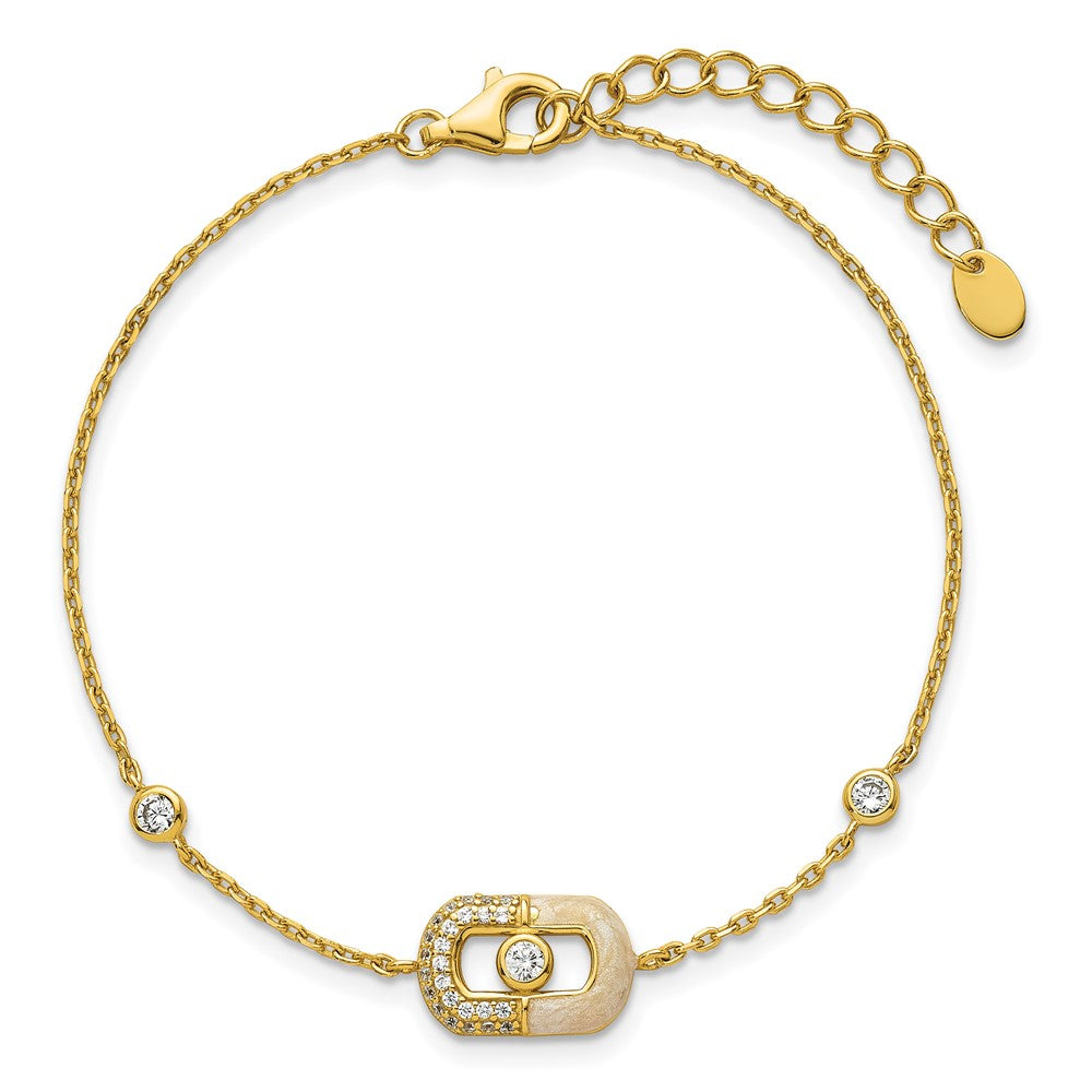 Sterling Silver Gold-tone CZ and Champagne Enamel Rectangle 7 inch with 0.5 inch Extension Bracelet QG6979GP-7