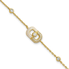 Sterling Silver Gold-tone CZ and Champagne Enamel Rectangle 7 inch with 0.5 inch Extension Bracelet QG6979GP-7