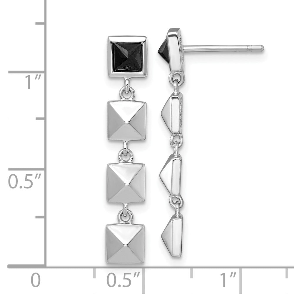 QG6981E Sterling Silver Rhodium-plated Polished Black CZ and Pyramid Squares Dangle Post Earrings