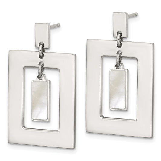 QG6984E Sterling Silver Open Rectangle with Mother of Pearl Dangle Post Earrings