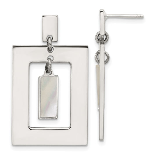 QG6984E Sterling Silver Open Rectangle with Mother of Pearl Dangle Post Earrings