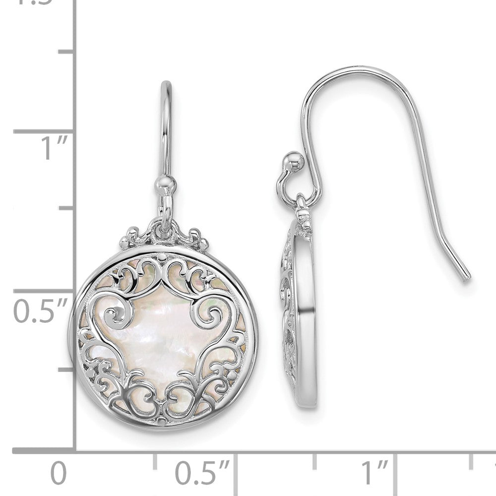 QG6985E Sterling Silver Rhodium-plated Polished Filigree Mother of Pearl Filigree Circle Dangle Earrings