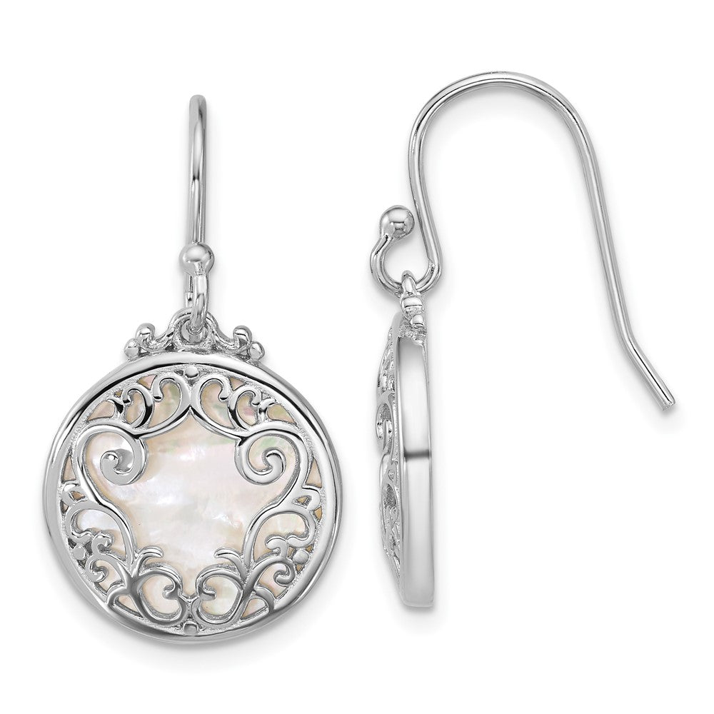 QG6985E Sterling Silver Rhodium-plated Polished Filigree Mother of Pearl Filigree Circle Dangle Earrings