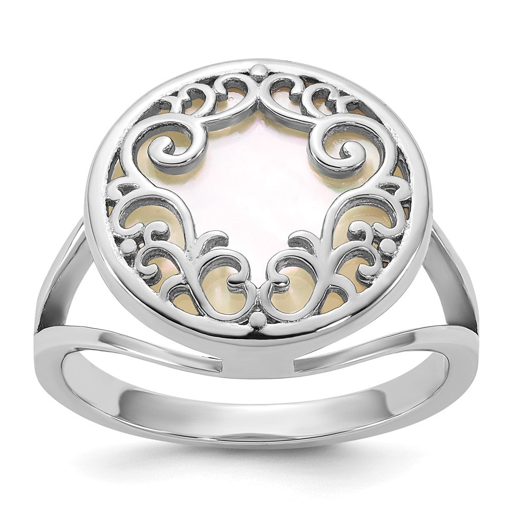 Sterling Silver Rhodium-plated Polished Filigree Mother of Pearl Filigree Circle Size 6 Ring