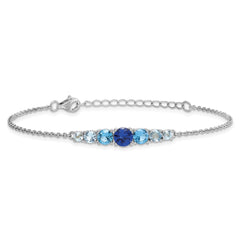 Sterling Silver Rhodium-plated Polished Lab Created Spinel/Lab Created Aquamarine/CZ 7 Inch with 1 Inch Extension Bracelet QG6987-7