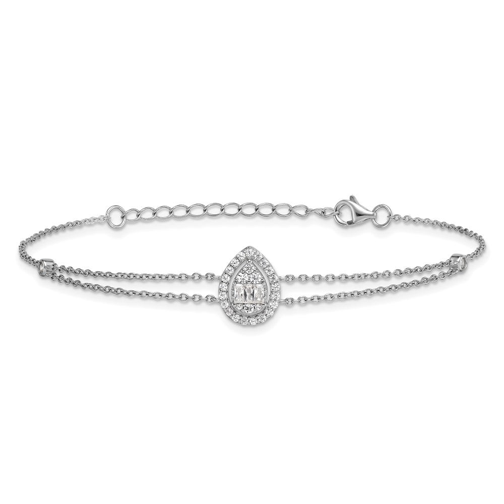 Sterling Silver Rhodium-plated Polished Fancy Two-strand CZ Teardrop Halo 7 Inch with 1 Inch Extension Bracelet QG6989-7