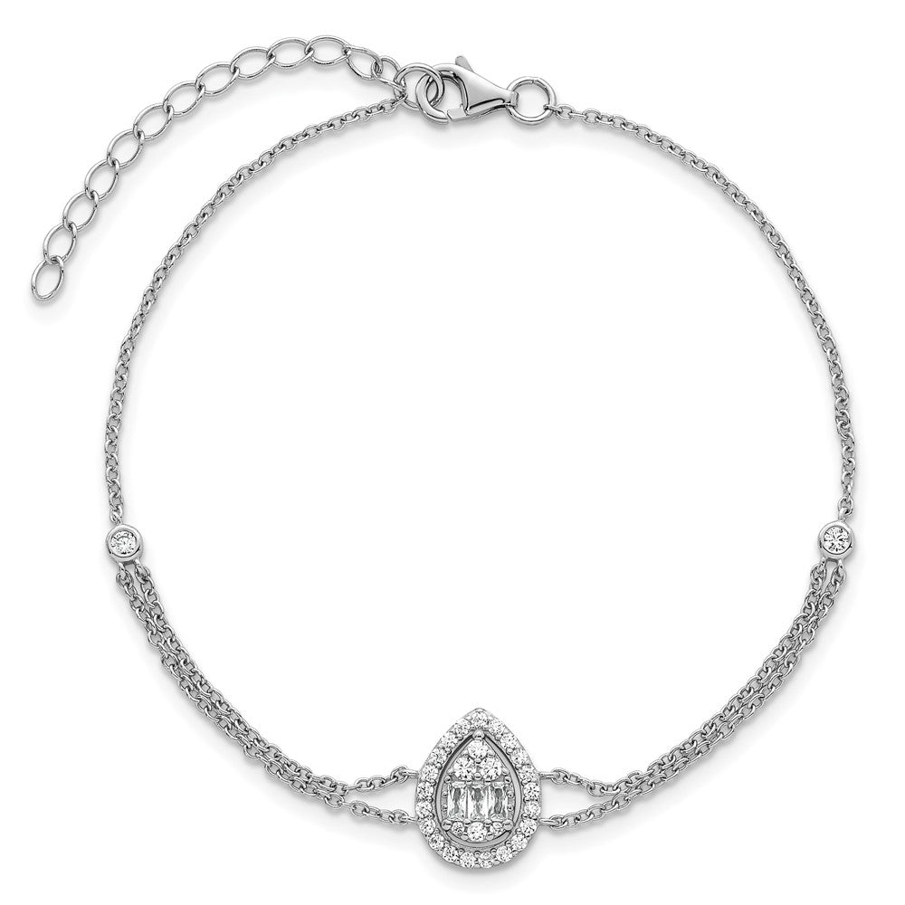 Sterling Silver Rhodium-plated Polished Fancy Two-strand CZ Teardrop Halo 7 Inch with 1 Inch Extension Bracelet QG6989-7