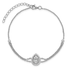 Sterling Silver Rhodium-plated Polished Fancy Two-strand CZ Teardrop Halo 7 Inch with 1 Inch Extension Bracelet QG6989-7
